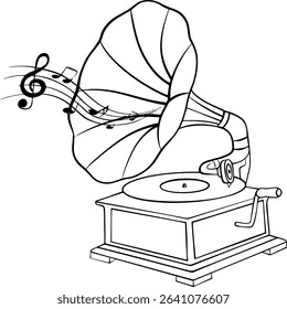 Antique Gramophone Line Art Illustration Made In Vector Form With Musical Notes