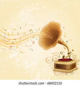 antique gramophone on rustic background