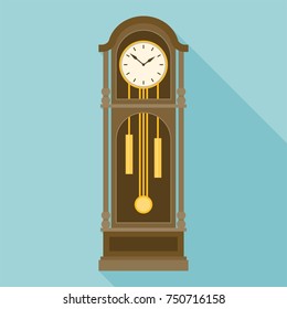 Antique Grandfather Pendulum Clock Vector In Flat Design With Long Shadow