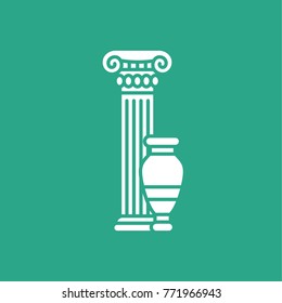 Antique greco roman Column with Amphora. White silhouette. Flat style. Vector illustration.