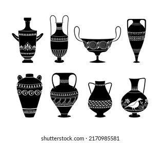 Antique Greece solid black vases bundle. Ancient greece vessels and amphoras for wine or oil, ornate old vases silhouettes isolated clip art set, vector hand drawn images kit