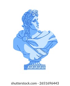 Antiga estátua grega de Apolo. Antigo busto de mármore de Deus grego. Velho retrato escultura, estatueta do homem. Mitologia e cultura romanas. Ilustração de vetor isolado plano sobre fundo branco