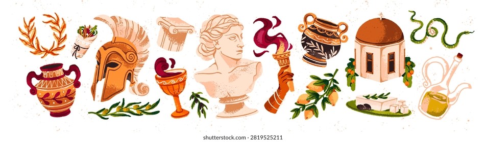 Antique Greece sticker pack. Set of Greek statues of gods and goddesses, cups of wine, vases, olives and columns. Travel and culture of Santorini. Flat isolated vector illustrations on white