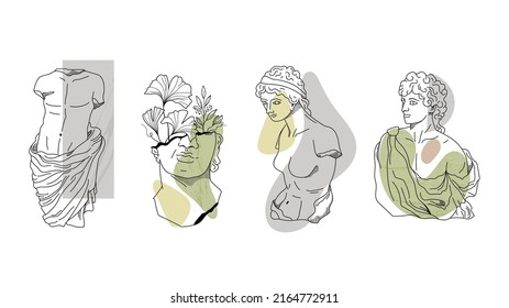 Estética griega antigua, estatuas de grecia antiguas de una diosa con formas abstractas, esculturas de pueblos con contorno blanco negro vectorial, composición floral dibujada a mano, arte clip aislado vectorial