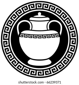 Antique Greek amphora in frame with meanders. Vector illustration.
