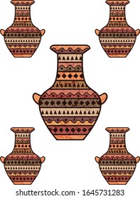 antique Greek amphorae, vases with patterns, decorations and life scenes. Ancient decorative pots isolated on white background, old clay jugs, ceramic pottery. Vector illustration