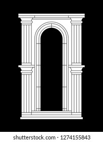 Antique greek arch with columns. Vector illustration, white linear silhouette.