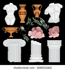 Antique greek background set with isolated doodle images of greek columns leaves flowers and golden amphora vector illustration