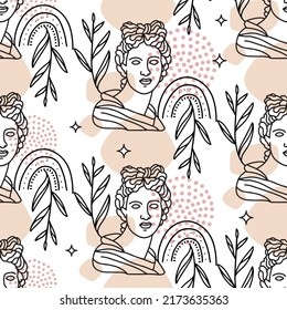 Antique Greek Bust Sculpture seamless pattern. Abstract shpes with floral elements. Hand drawn vector illustration for textile, background, wallpaper, poster template