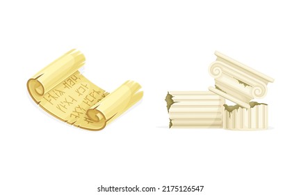 Antique Greek column and ancient paper scroll. Objects of archaeology vector illustration