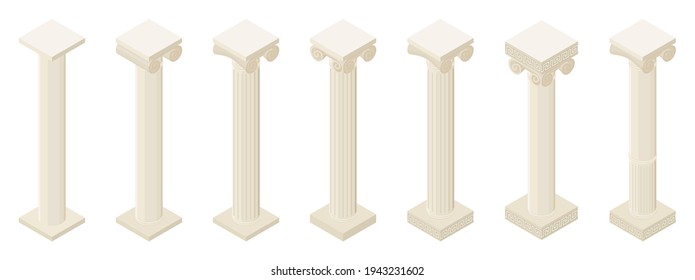 Antique Greek column isometric view set icon. Isolated vector illustration classic pillar isolated on white background.