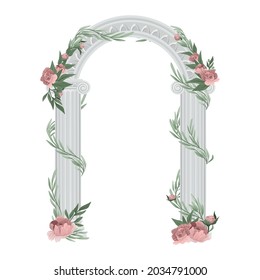 Antique greek columns arch composition beautiful white stone archway studded with flowers and vines vector illustration