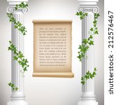 Antique greek columns with vine and vintage scroll poster vector illustration