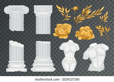 Antique greek flowers transparent icon set white columns two torsos and golden olive branches and flowers vector illustration