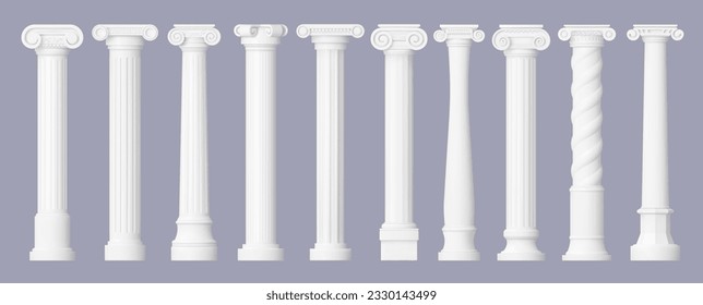 Antique greek marble columns, vintage roman isolated temple interior pillars. Isolated 3d vector classical, majestic, timeless architectural elements for buildings, crafted from exquisite white stone