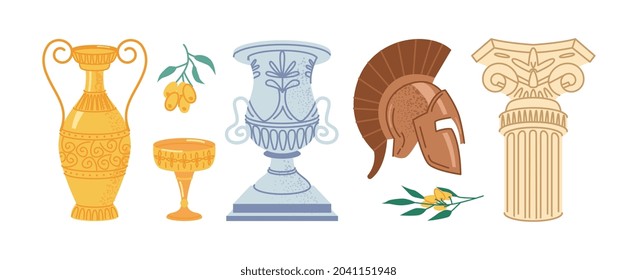 Antique Greek objects isolated flat cartoon icons set. Vector retro marble column, helmet and classic amphora, golden goblet and olives branch. Pillar landmark, greece and roman exhibition objects