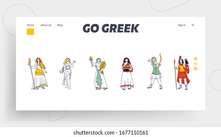 Antique Greek Olympic Goddess Characters Landing Page Template. Hera, Juno and Athena or Minerva, Demeter, Ceres and Aphrodite or Venus, Hestia, Vesta and Artemis or Diana. Linear Vector Illustration