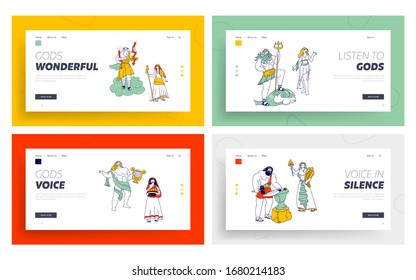 Antique Greek Olympic Gods and Goddess Pantheon Landing Page Template Set. Zeus and Hera, Poseidon and Aphrodite, Appolon and Demeter, Hephaestus or Hesita Greece Mythology. Linear Vector Illustration