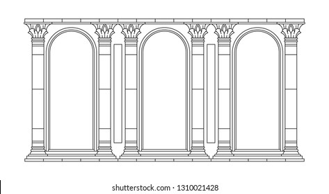 Antique greek, roman, corinthian arches. Black linear silhouette.