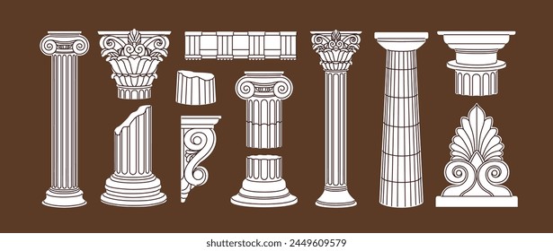 Antique Greek and Roman pillars set. Ancient classic architecture elements, decorations. Architectural vintage style columns, pedestals, historic structures of antiquity. Isolated vector illustrations