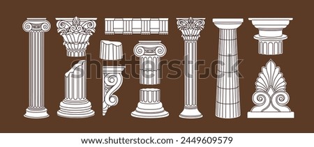 Antique Greek and Roman pillars set. Ancient classic architecture elements, decorations. Architectural vintage style columns, pedestals, historic structures of antiquity. Isolated vector illustrations