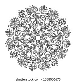 Antique Greek Roman round mandala in baroque style art-nouveau or deco outline coloring rosette vignette with flowers, wings and floral swirls in classic style