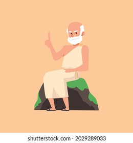 Antique greek or roman scientist, philosopher or mathematician in toga and sandals. Reflecting or teaching male wise thinker sitting on stone. Flat cartoon vector illustration.