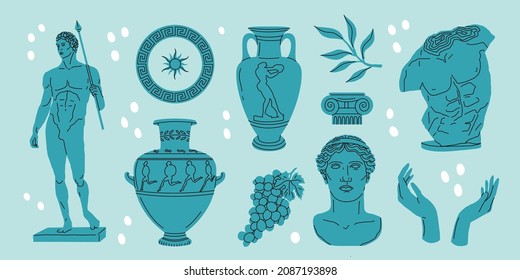 Antique greek sculpture set. Various Antique statues, branch, amphora, column. Hand draw, isolated. Vector illustration