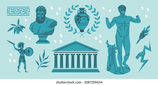 Antique greek sculpture set. Various Antique statues, branch, amphora, column. Hand draw, isolated. Vector illustration