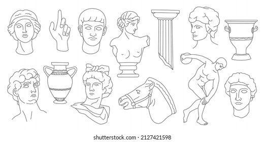 Antique greek sculptures heads, columns, amphoras and gypsum hand. Ancient horse sculpture. Line classic greece statue silhouette vector set. Antique statue body from marble