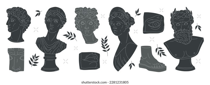 Antique greek sculptures set. Marble sculptures and statues. Classic ancient greek god and goddess heads and body parts. Flat vector illustration collection