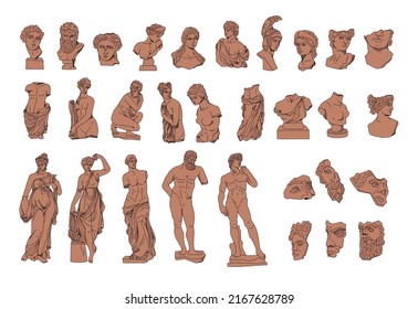 Antique Greek solid terracotta color sculptures of gods, goddess and heros, vector silhouettes ancient statues of men and women figures, bust and full body, hand drawn isolated clip art kit