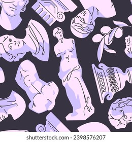 Antique greek statue pattern. Doodle abstract print of ancient roman sculpture, antique head sculpture and ancient vases. Vector doodle texture. Art monument objects, vintage olive branch