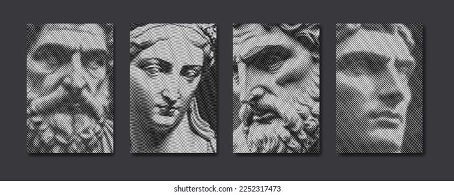 Antique greek statues in engraved line pattern. Renaissance sculpture in modern guilloche design. Roman statue faces, textured artwork. Vector illustration for poster, cover, wall art, banner