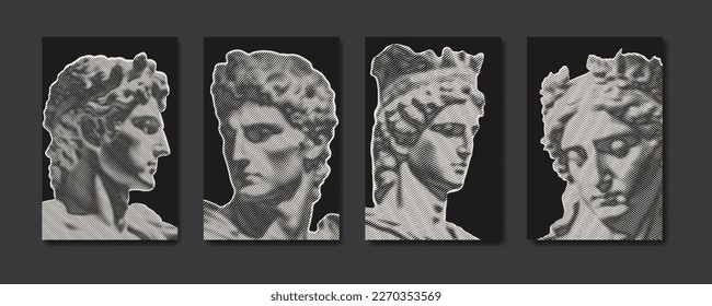 Antique greek statues in engraved line pattern. Renaissance sculpture in modern guilloche design. Roman statue faces, textured artwork. Vector illustration for poster, cover, wall art, banner