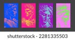 Antique greek statues in pixel dither pattern. Renaissance sculpture in y2k cyberpunk halftone bitmap design. Roman statue faces, textured dithering artwork. Vector illustration for poster, cover