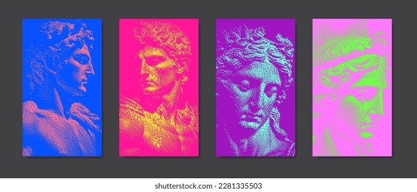 Antique greek statues in pixel dither pattern. Renaissance sculpture in y2k cyberpunk halftone bitmap design. Roman statue faces, textured dithering artwork. Vector illustration for poster, cover