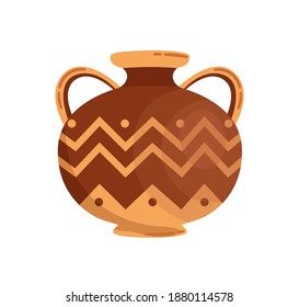 Antique greek stoneware or pottery vector flat illustration. Traditional grecian vase or amphora with handles decorated by hellenic ornaments isolated on white background. Clay vessel
