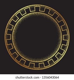 Antique greek style gold meander ornanent hand drawn line art and dot work round frame design vector illustration