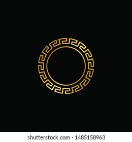 Antique greek style gold meander ornanent hand drawn line art and dot work round frame design vector illustration