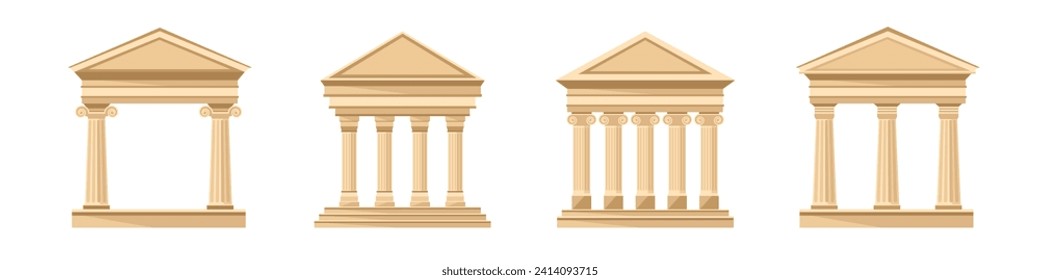 Antique greek temples set. Roman parthenon with classical architecture and stone columns made in marble vector design