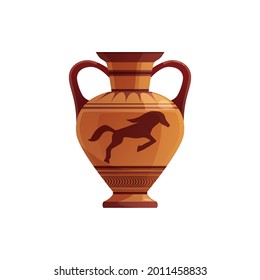Antique Greek vase with decoration. Ancient traditional clay jar or pot for wine. Vector cartoon illustration. 