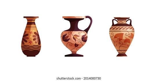 Antique Greek vase with decoration. Ancient traditional clay jar or pot for wine. Vector cartoon illustration. 