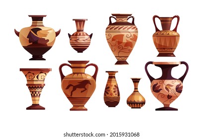 Antique Greek vase with decoration. Ancient traditional clay jar or pot for wine. Vector cartoon illustration. 