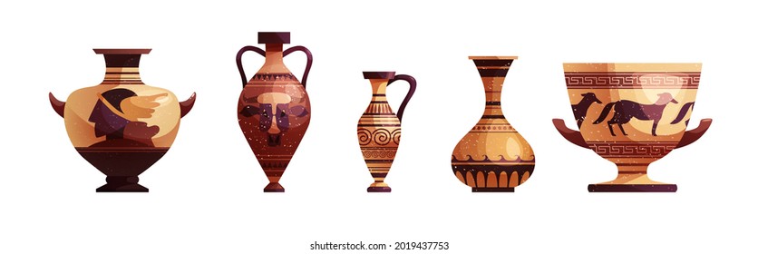 Antique Greek vase with decoration. Ancient traditional clay jar or pot for wine. Vector cartoon illustration. 