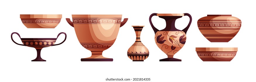 Antique Greek vase with decoration. Ancient traditional clay jar or pot for wine. Vector cartoon illustration. 