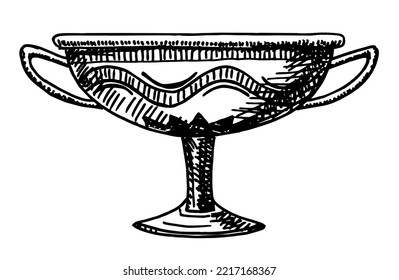 Antique Greek vase with decoration sketch. Archaeological and historical finds. Historical ceramic tableware. Utensils for holding liquids. Ancient amphora kylix. Vector cartoon illustration.