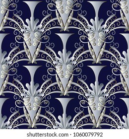 Antique Greek Vases seamless pattern. Vector dark blue floral background with hand drawn flowers, swirls, branches, leaves, lines. Old amphorae ornaments. Elegance surface abstract 3d design.