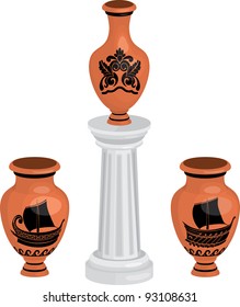 antique greek vases set with ships and floral pattern