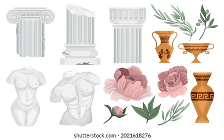 Antique green columns flowers set with isolated images of greek cultural value items with columns plants vector illustration